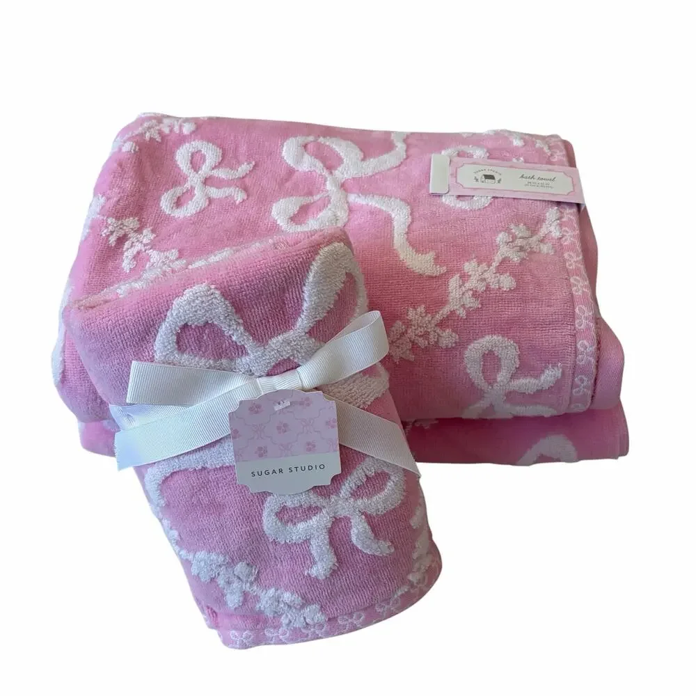 4pc Plush Pink & White BOW Towel Set - 2 Hand 2 Bath Cotton Chic Bath NEW